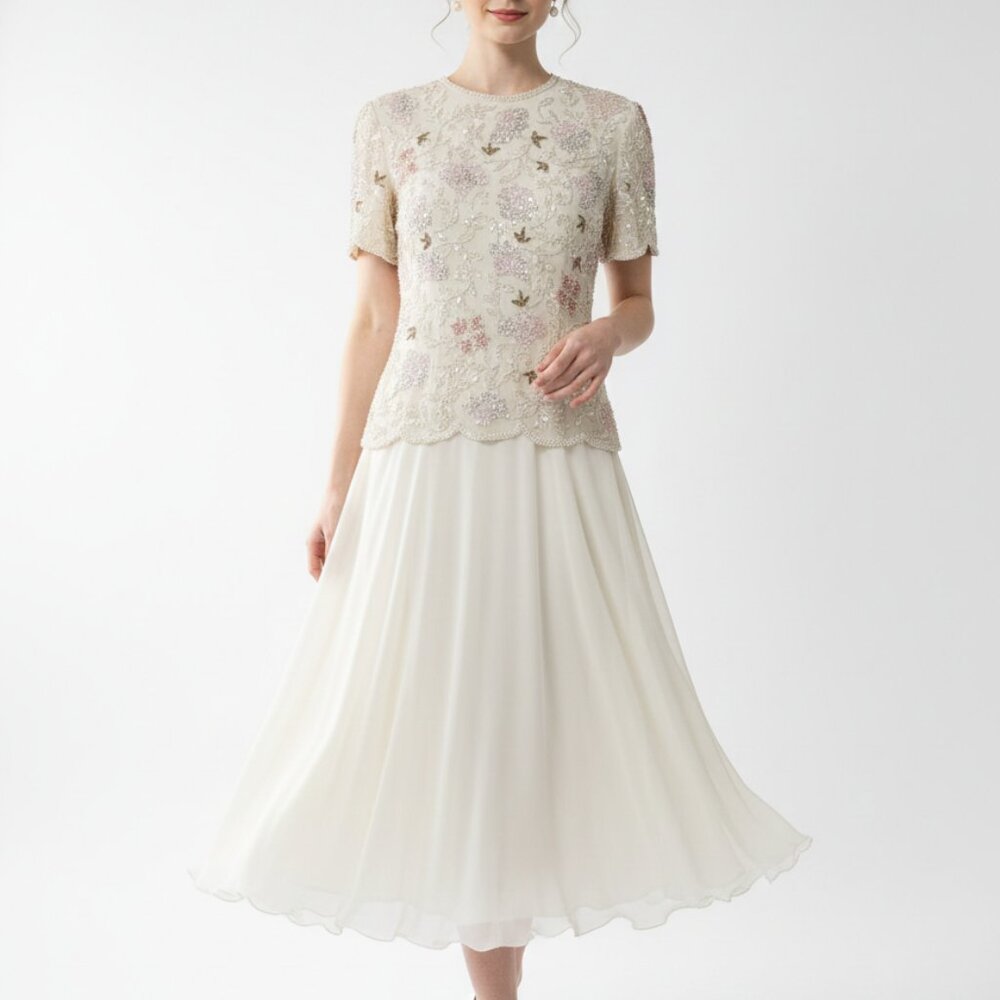 Papell Boutique Dress Cream Midi Beaded Formal Silk Fairy Whimsical 10
